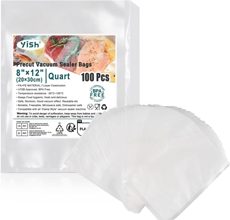 YISH Vacuum Sealer Bags 100 Quart 8"×12" Precut Bags for Food Saver, Commercial Grade, BPA Free, Heavy Duty Food Sealing Bags for Storage, Meal Prep, Sous Vide - Image 2